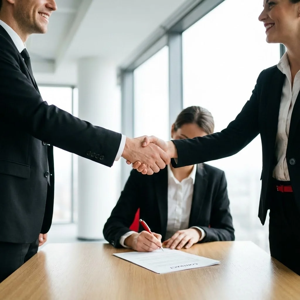 [image : Poignée de main professionnelle entre deux personnes en contexte business, signature de contrat en arrière-plan, ambiance de partenariat réussi]