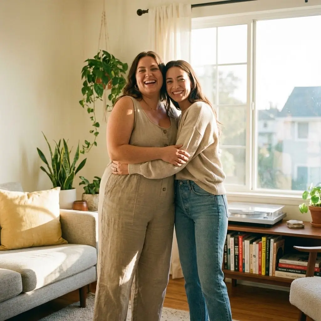 Portrait bienveillant de deux femmes de différentes morphologies souriantes, ambiance sororité et acceptation de soi, lumière naturelle chaude, style lifestyle moderne et inclusif