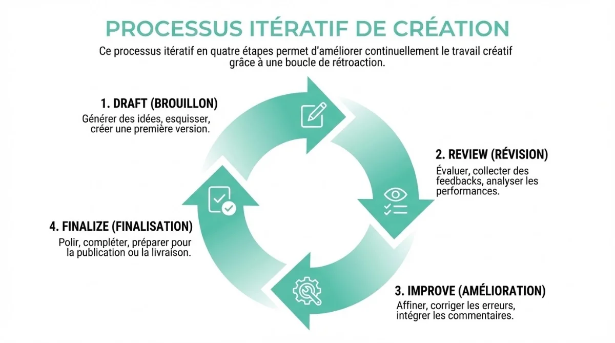 [image : Processus itératif de création représenté par des flèches circulaires, étapes draft-review-improve-finalize, style infographie moderne, couleurs vives]