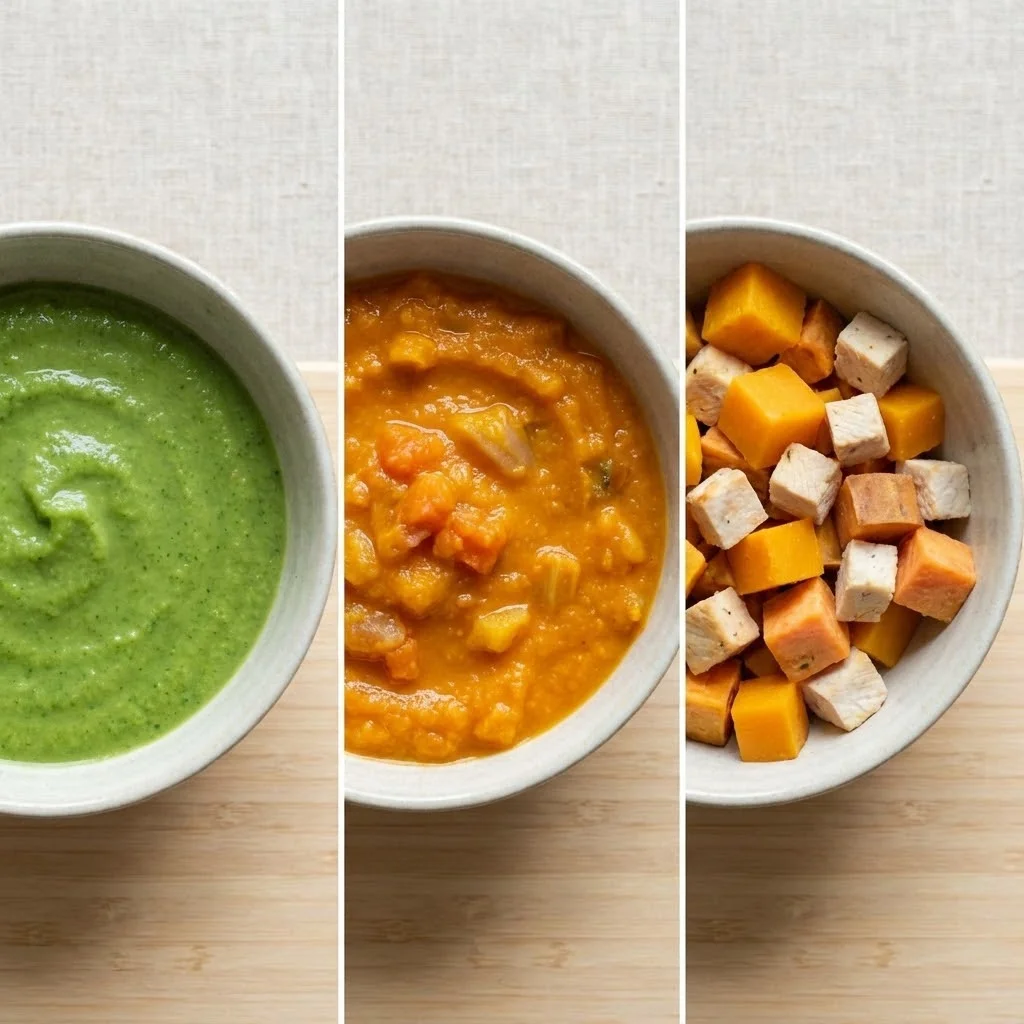 Progression visuelle des textures alimentaires : purée lisse à gauche, purée avec morceaux au centre, dés à droite. Trois bols alignés montrant l'évolution. Fond neutre.