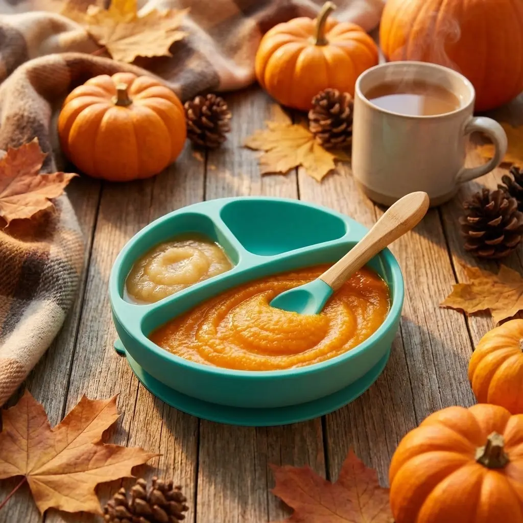 Purée orangée patate douce dans assiette compartimentée bébé, ambiance automnale chaleureuse