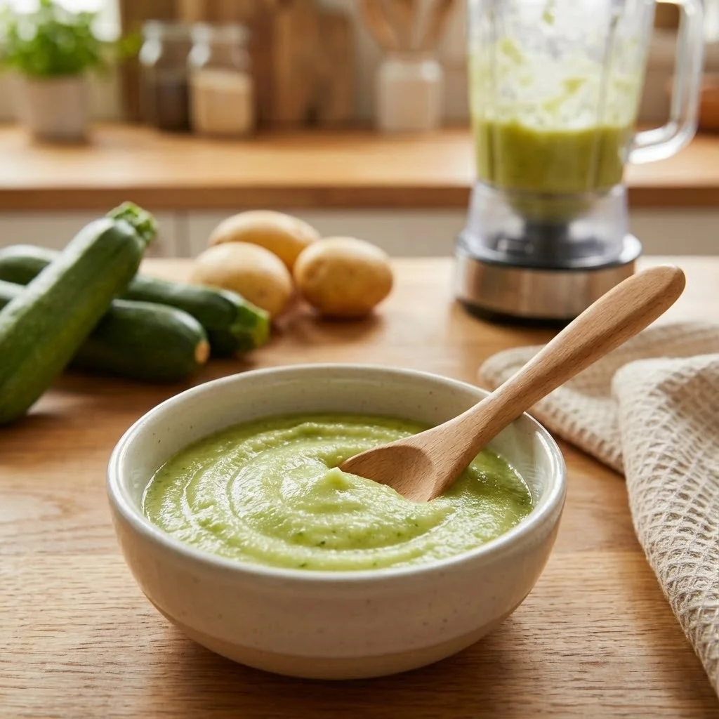 Purée verte courgette pomme de terre dans petit bol bébé, texture crémeuse, cuisine familiale en arrière-plan