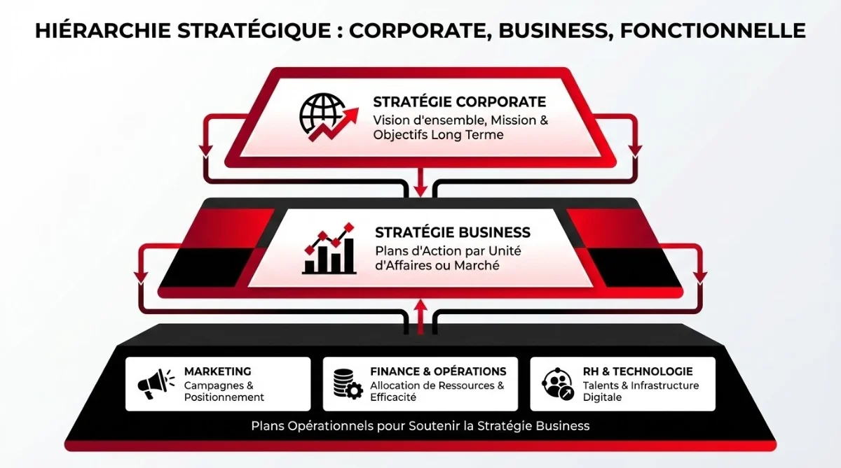 [image : Pyramide à trois niveaux illustrant la hiérarchie stratégique corporate/business/fonctionnelle avec des icônes représentatives à chaque niveau, style corporate moderne]