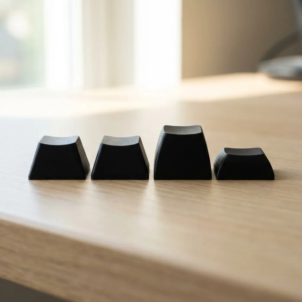 [image : Quatre keycaps de profils différents (Cherry, OEM, SA, DSA) alignés de profil pour montrer leurs formes]