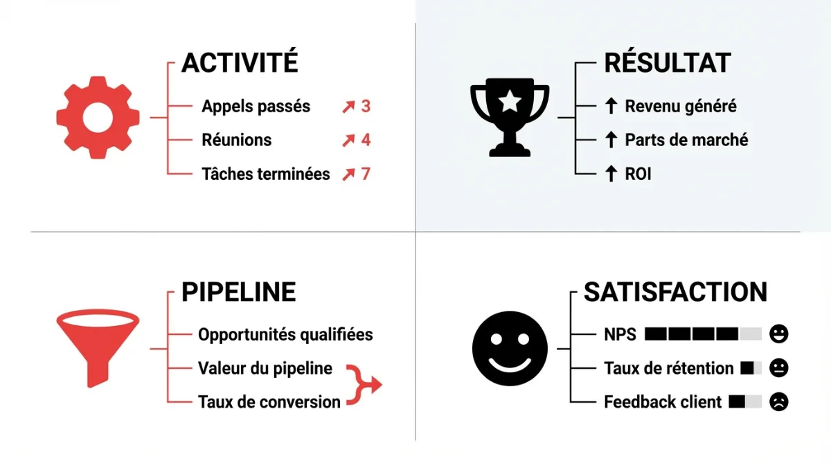 [image : Quatre quadrants illustrant les catégories d'indicateurs — activité, résultat, pipeline, satisfaction — chacun avec une icône distincte et des exemples de métriques, infographie professionnelle sur fond clair]