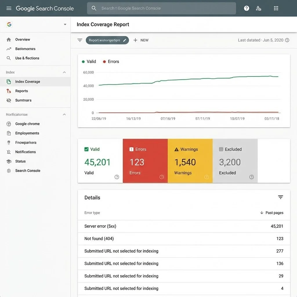 [image : Rapport de couverture de l'index dans Google Search Console montrant les pages indexées et les erreurs, interface Google avec graphiques verts et rouges]