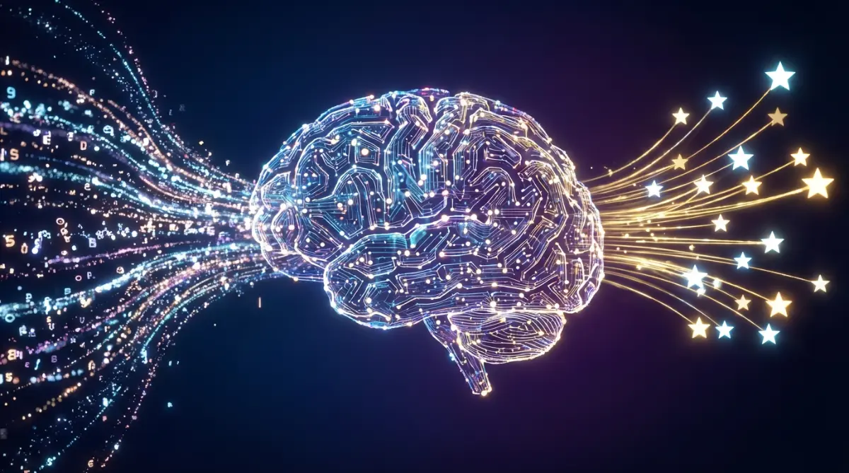 [image : Représentation abstraite d'un algorithme en forme de cerveau numérique avec des connexions lumineuses, filtrant des données entrantes pour ne conserver que les éléments de qualité symbolisés par des étoiles]