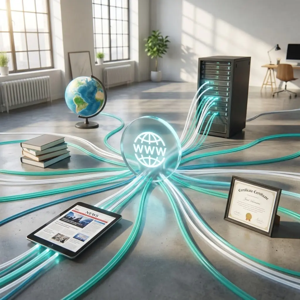 [image : représentation graphique d'un réseau de liens entrants pointant vers un site web central, avec des connexions colorées symbolisant différentes sources d'autorité et la transmission de jus SEO]