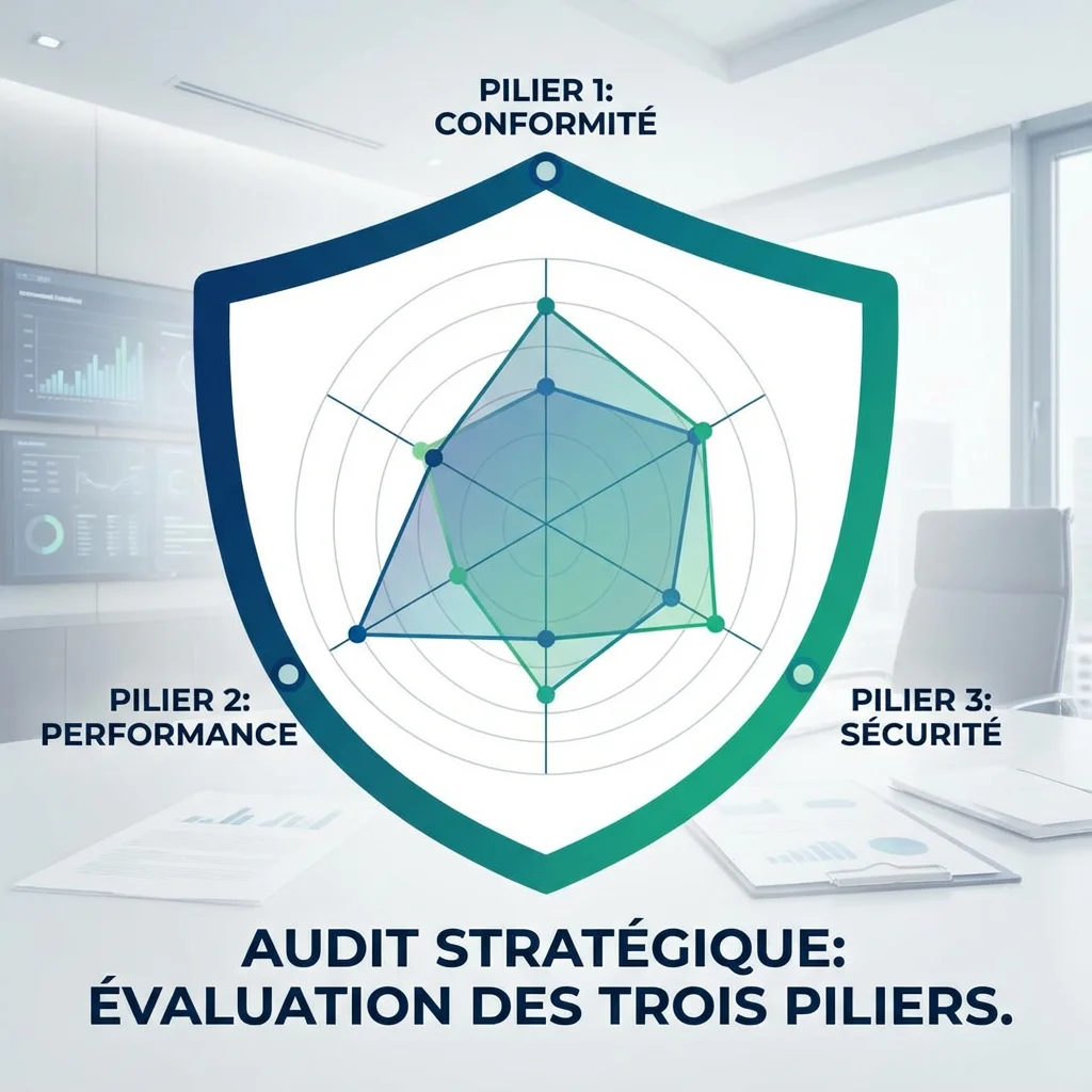 [image : Représentation visuelle d'un audit avec trois piliers (technique, contenu, popularité) sous forme de graphique radar, couleurs professionnelles bleu/vert]