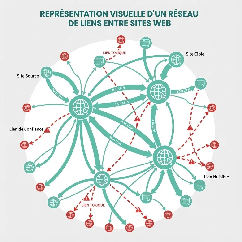 [image : Représentation visuelle d'un réseau de liens entre sites web, nodes connectés par des lignes, certains liens en vert (bons) et rouge (toxiques), fond neutre]