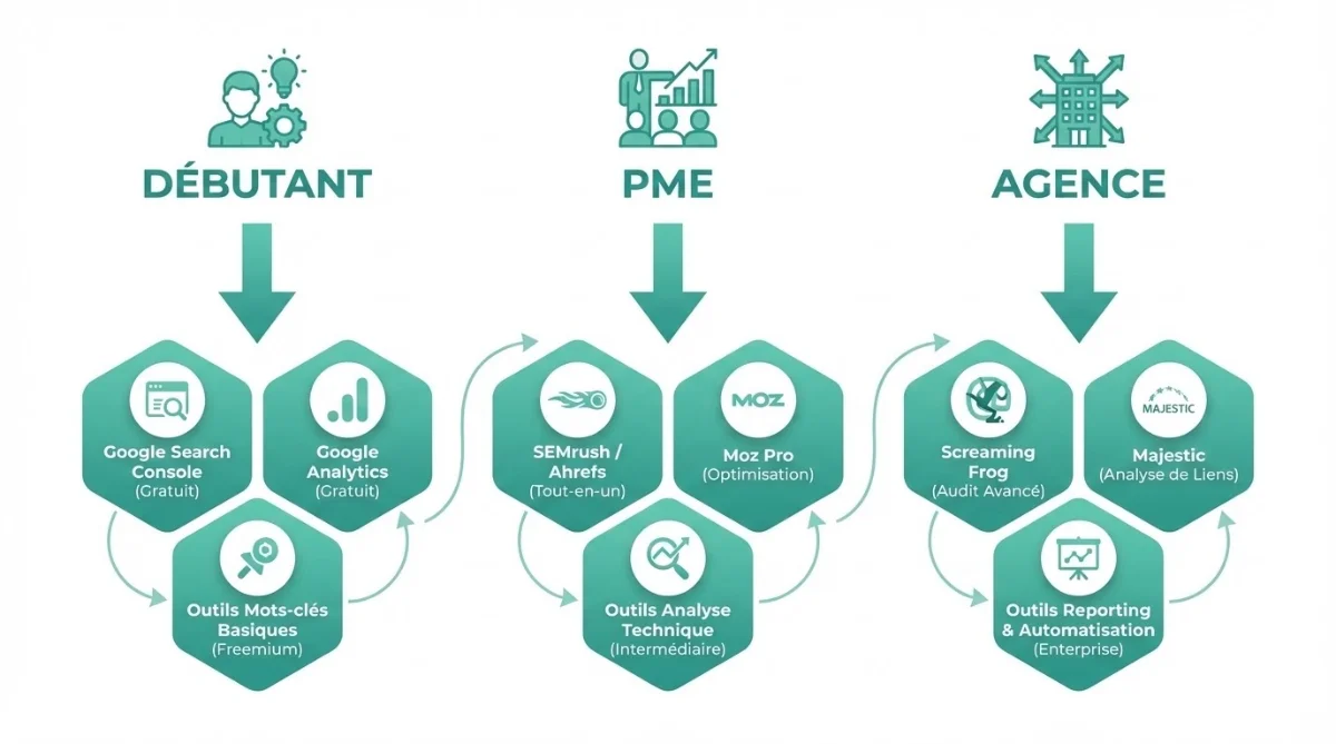 [image : Représentation visuelle de 3 personas (débutant, PME, agence) avec les outils recommandés pour chaque profil reliés par des flèches - style illustration business moderne]