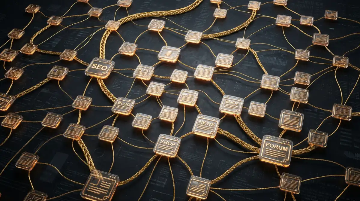 [image : Réseau interconnecté de sites web symbolisés par des icônes de pages reliées par des lignes dorées sur fond sombre, représentant un maillage de backlinks naturel et qualitatif]