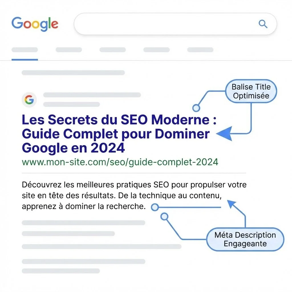 [image : Résultat de recherche Google stylisé montrant une balise title optimisée en bleu et une meta description engageante, avec annotations pointant les éléments clés]