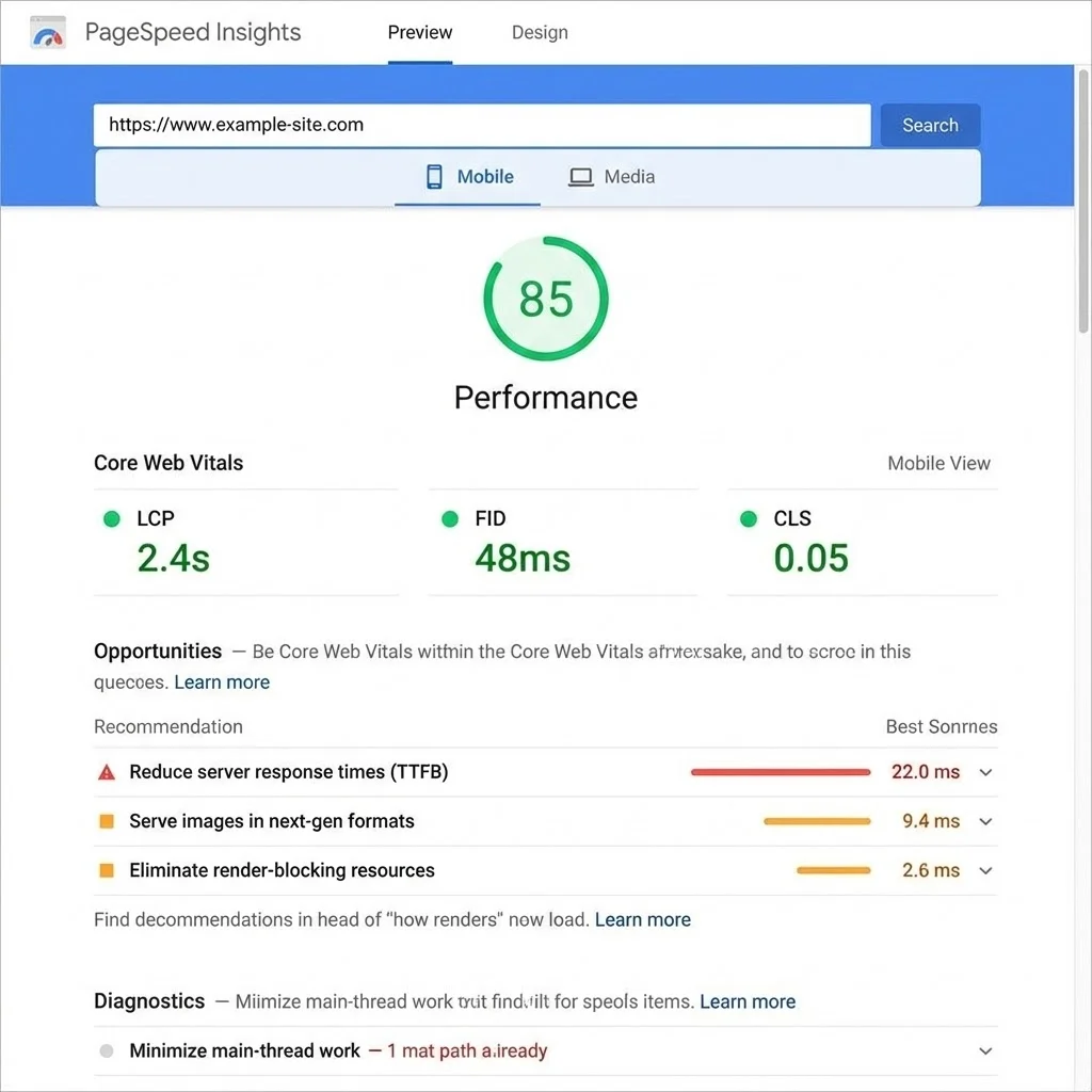 [image : Résultats PageSpeed Insights avec score de performance, indicateurs Core Web Vitals et recommandations d'optimisation, interface Google moderne]