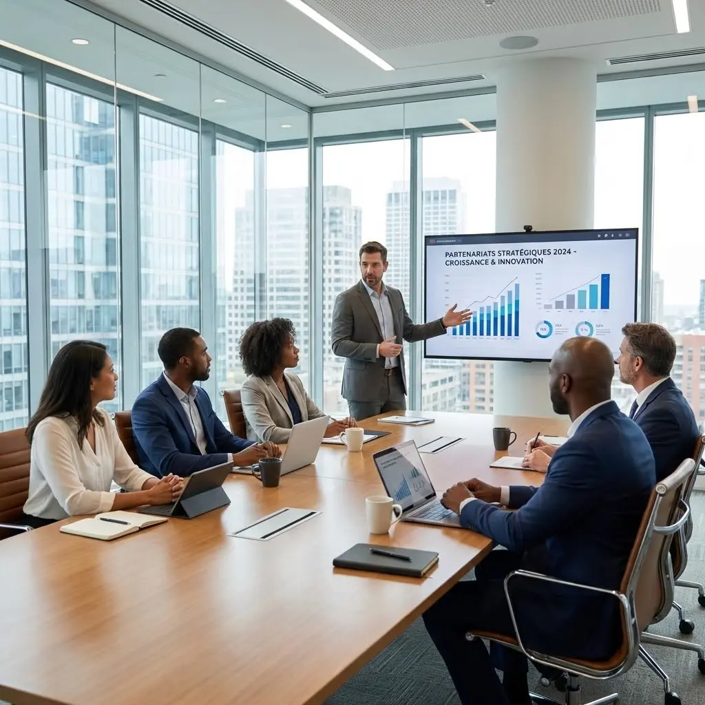 [image : Réunion d'affaires B2B avec plusieurs décideurs autour d'une table de conférence, présentation sur écran, atmosphère professionnelle, diversité des participants, bureau moderne vitré]