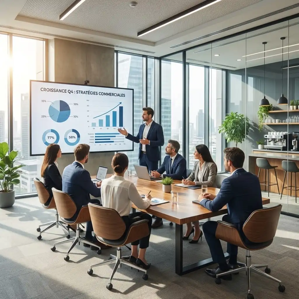 [image : réunion d'affaires dans une salle de conférence moderne, présentation commerciale sur écran, atmosphère professionnelle]