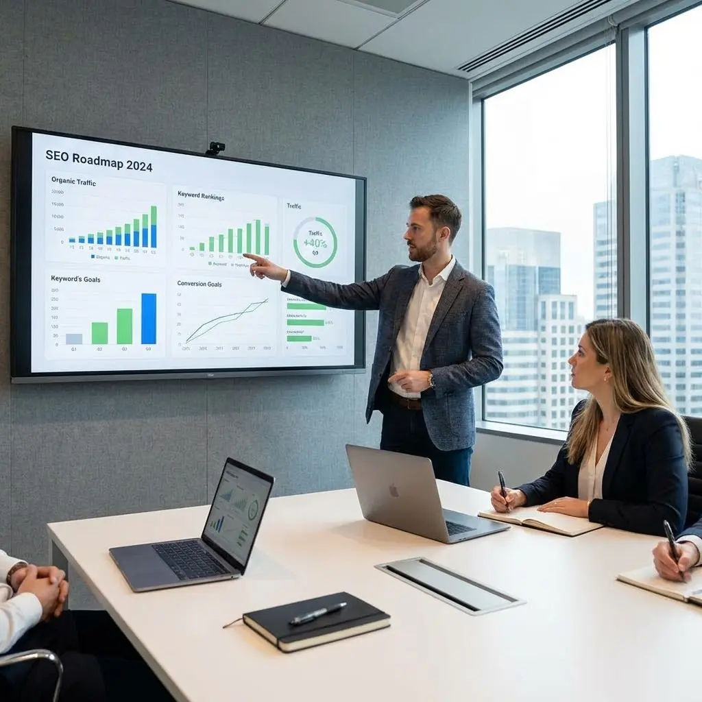 [image : réunion professionnelle entre un consultant SEO et un client, présentation sur grand écran d'une feuille de route avec tableaux de bord et objectifs chiffrés]