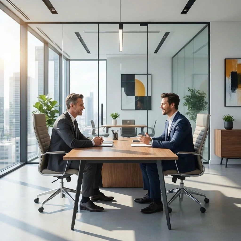 [image : Scène d'entretien de recrutement entre un DRH et un candidat commercial, bureau moderne, atmosphère professionnelle]