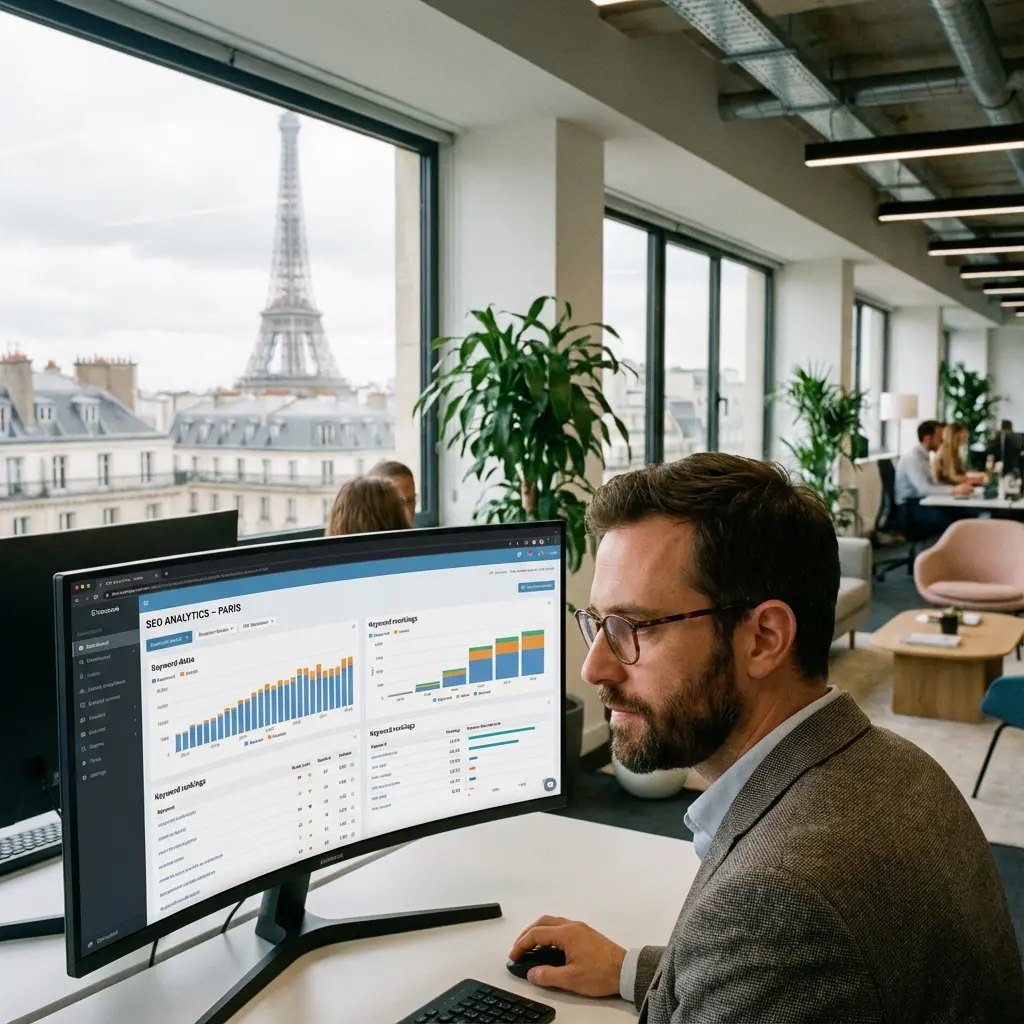 [image : Scène de réunion professionnelle entre un client et des experts SEO dans la capitale, tableau blanc avec notes stratégiques en arrière-plan]