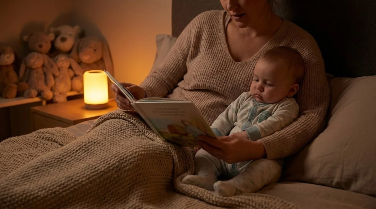 Scène intimiste d'un parent lisant une histoire à son bébé dans un lit, lumière chaude de veilleuse, peluches douces en arrière-plan, atmosphère apaisante