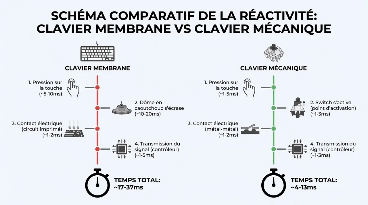[image : schéma comparatif de la réactivité entre clavier membrane et clavier mecanique]