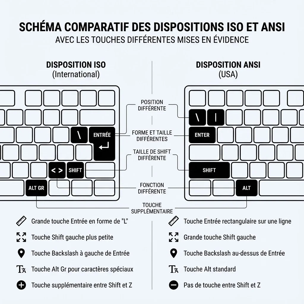 [image : Schéma comparatif des dispositions ISO et ANSI avec les touches différentes mises en évidence]