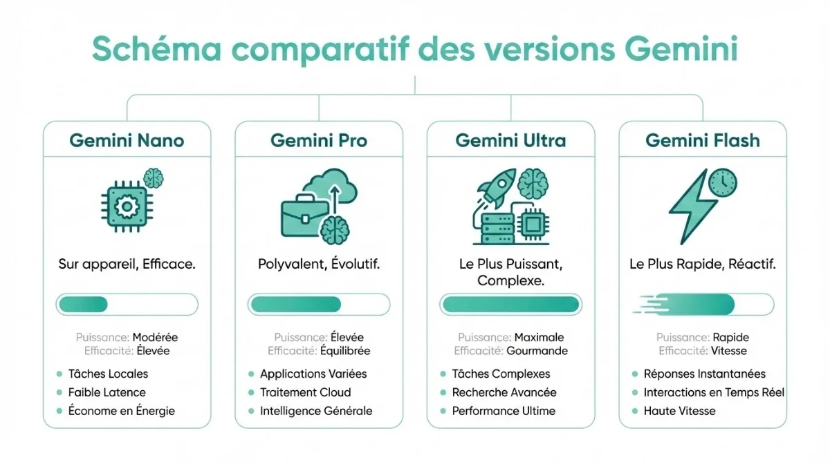 [image : Schéma comparatif des versions Gemini (Nano, Pro, Ultra, Flash) sous forme d'infographie avec icônes distinctives, palette Google]