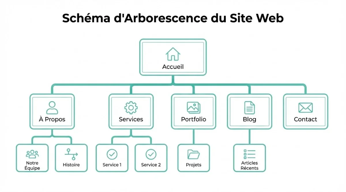 [image : Schéma d'arborescence de site web avec boîtes connectées par des lignes, style wireframe épuré, fond blanc, icônes minimalistes représentant différentes pages]