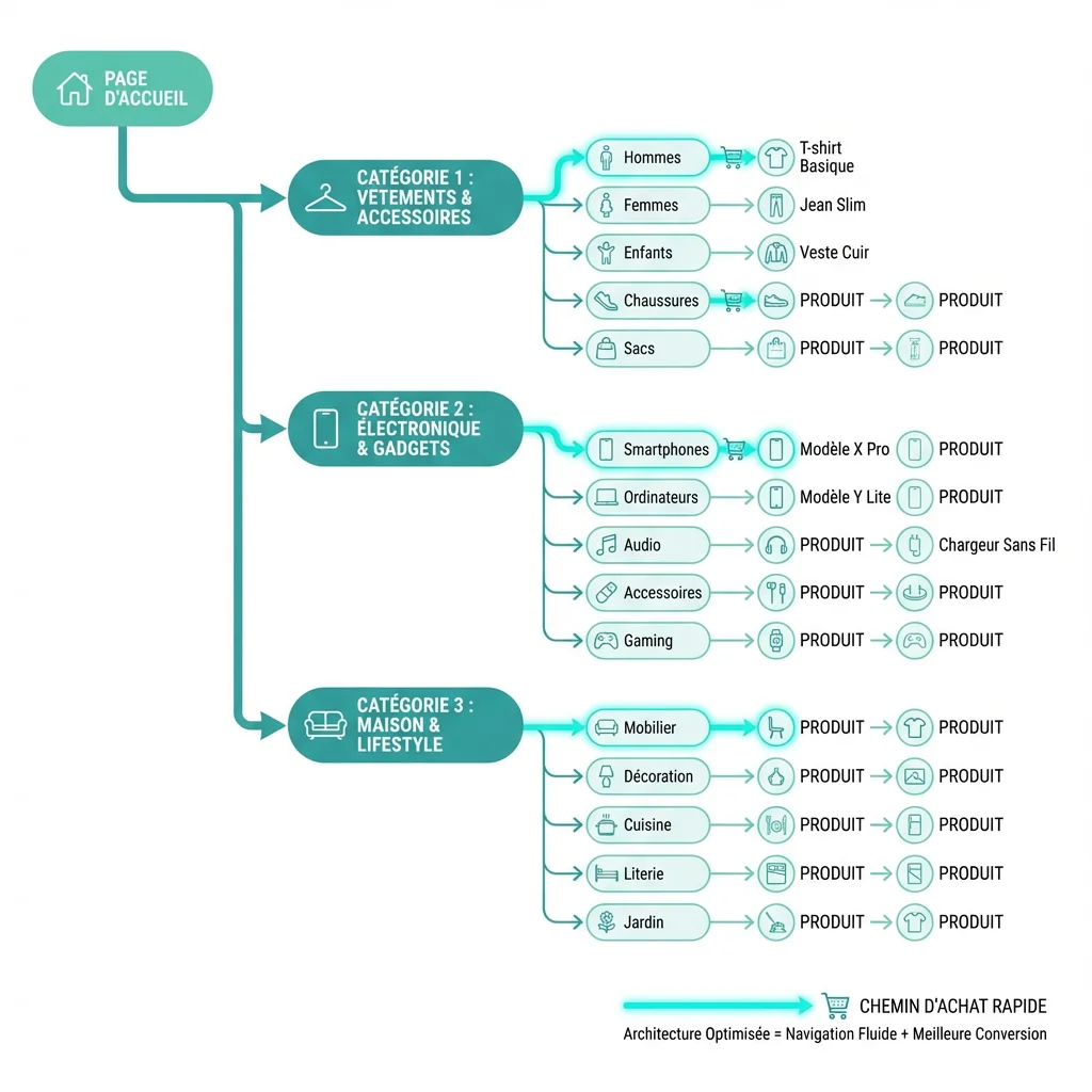 [image : Schéma d'architecture de site e-commerce optimisé avec catégories, sous-catégories et produits organisés hiérarchiquement]