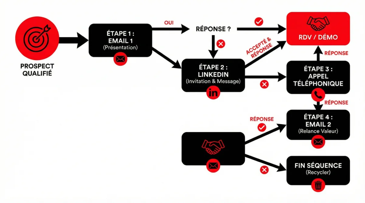 [image : Schéma d'une séquence de prospection multicanale avec embranchements conditionnels montrant email, LinkedIn et téléphone, style diagramme de flux moderne]