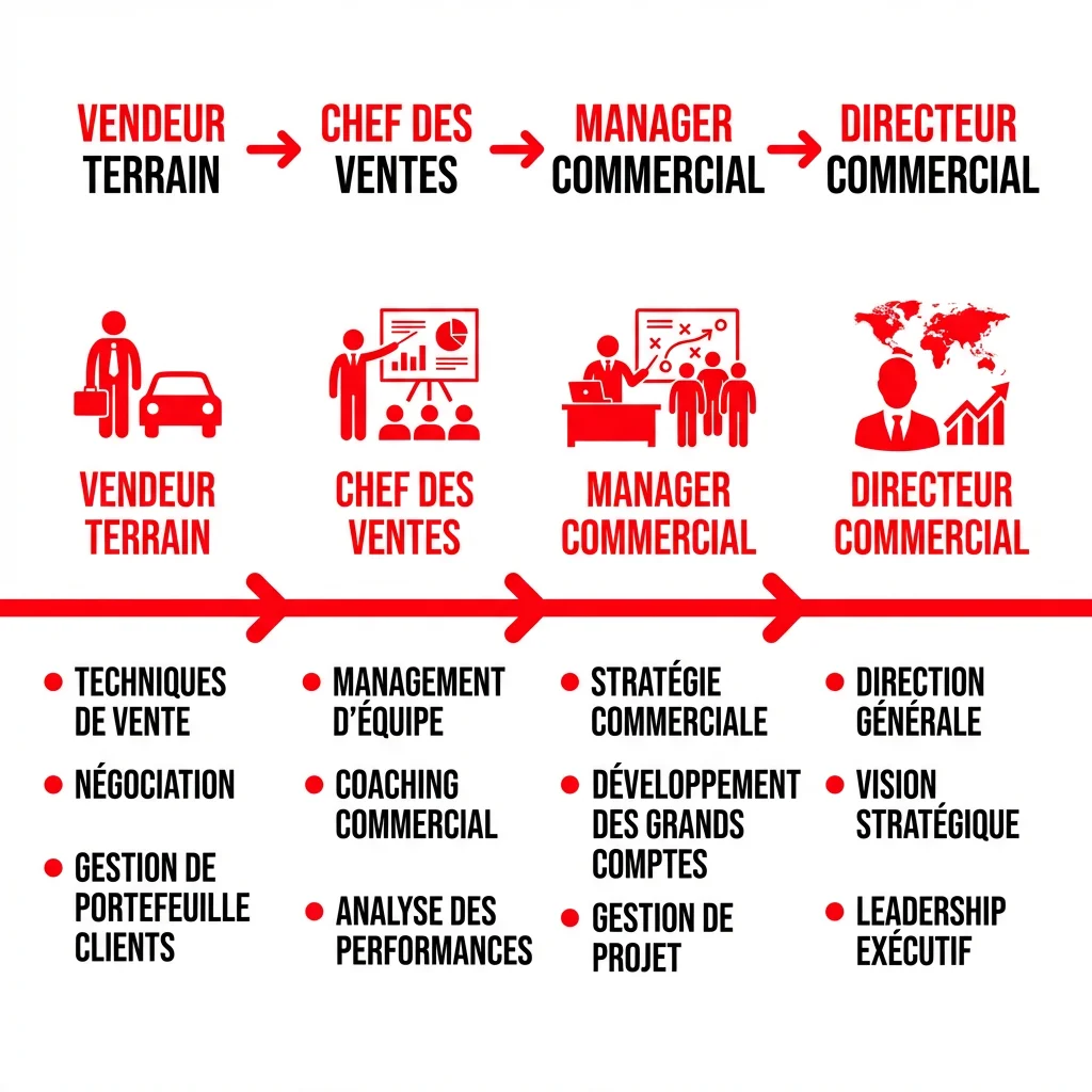 [image : Schéma de parcours de carrière : vendeur terrain → chef des ventes → manager commercial → directeur commercial, avec les formations associées à chaque étape - style infographie moderne et épurée]