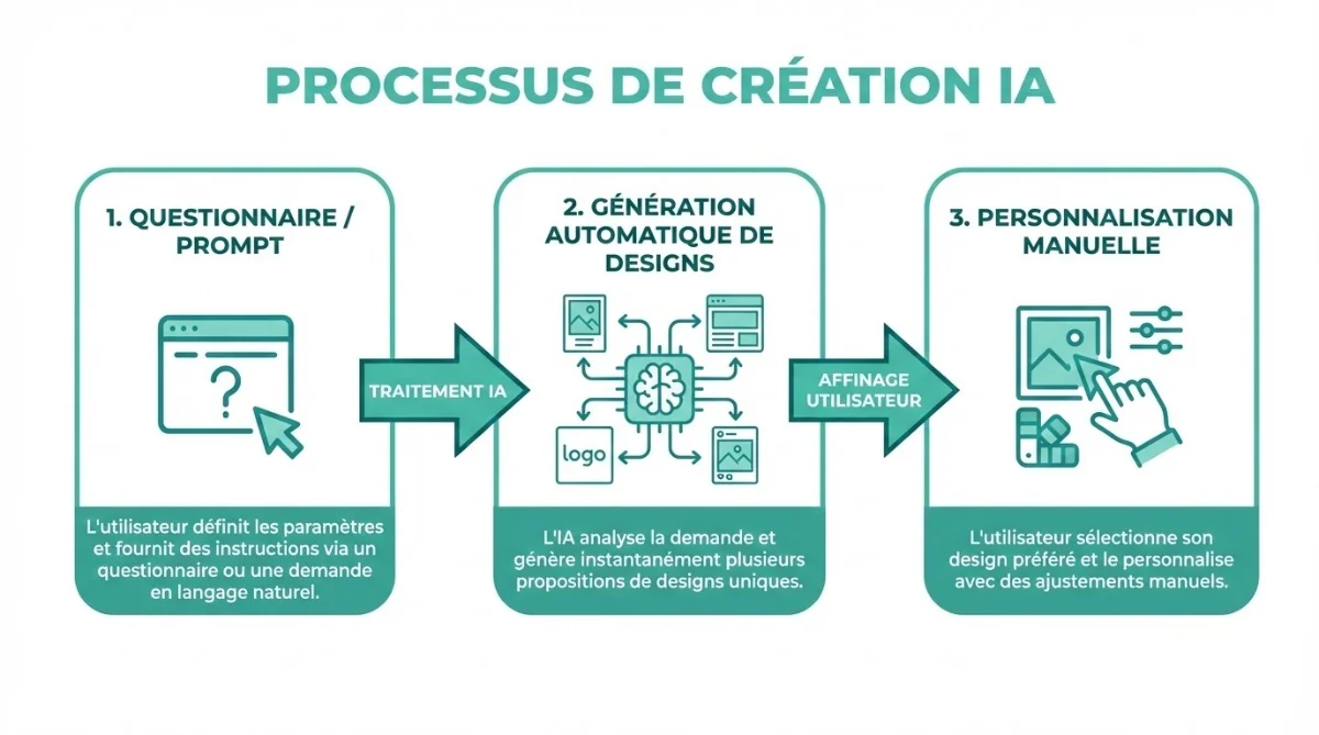 [image : Schéma en trois étapes montrant le processus de création IA - étape 1 questionnaire/prompt, étape 2 génération automatique de designs, étape 3 personnalisation manuelle, flèches directionnelles, icônes minimalistes]