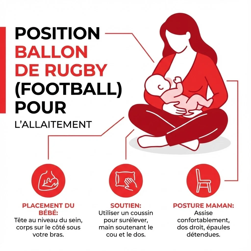 Schéma explicatif de la position ballon de rugby pour l'allaitement, maman assise avec bébé positionné sous son bras, style infographique clair et moderne