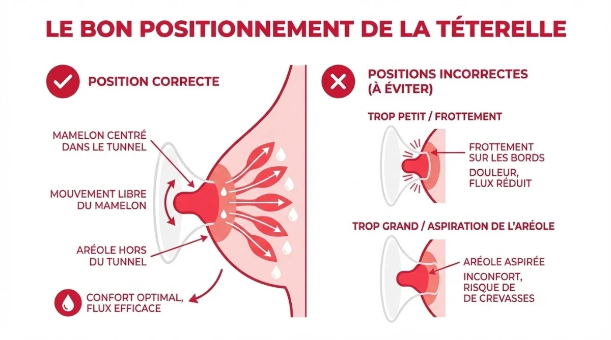 Schéma explicatif montrant le bon positionnement d'une téterelle sur le sein, avec annotations pédagogiques sur un fond clair