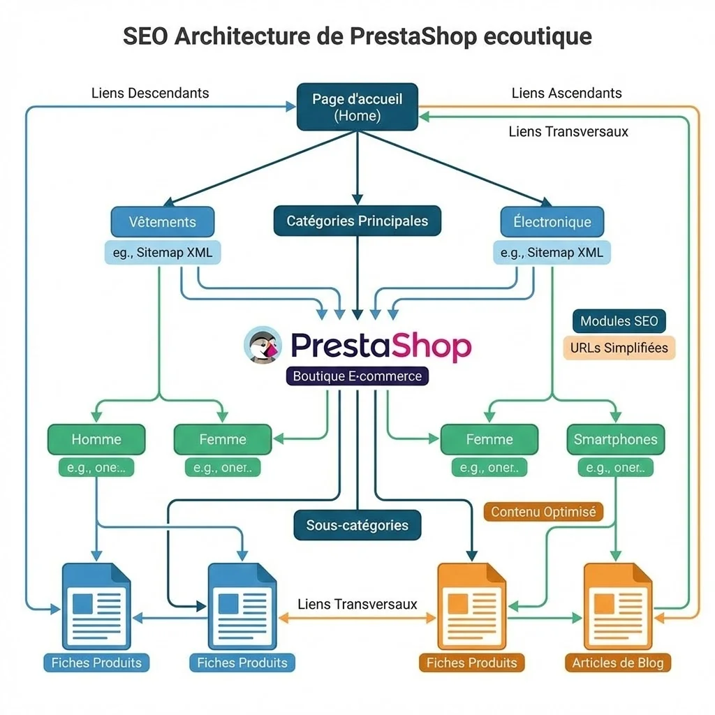 [image : schéma illustrant l'architecture SEO d'une boutique e-commerce PrestaShop]