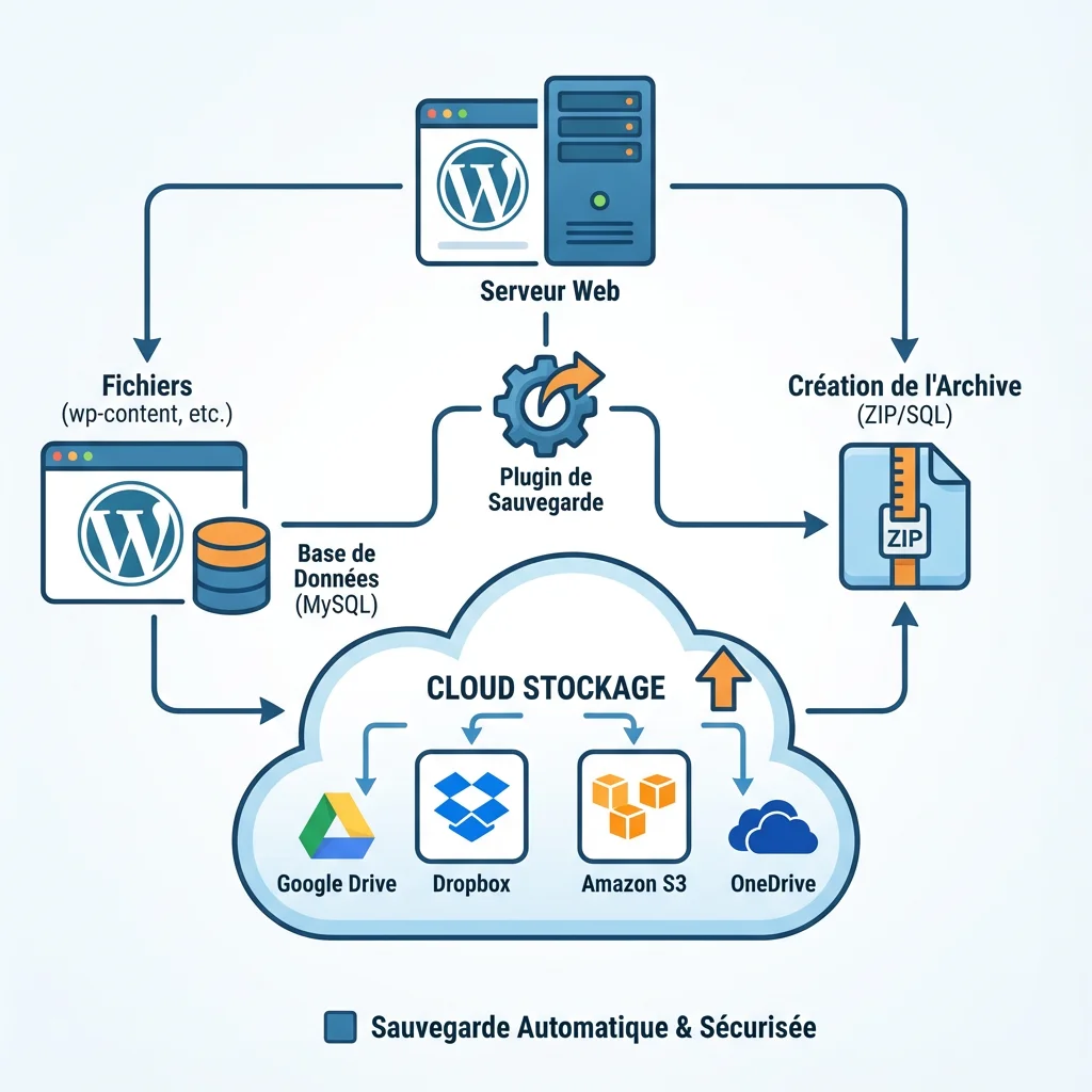 [image : Schéma illustrant le processus de sauvegarde WordPress vers le cloud avec icônes des services de stockage]
