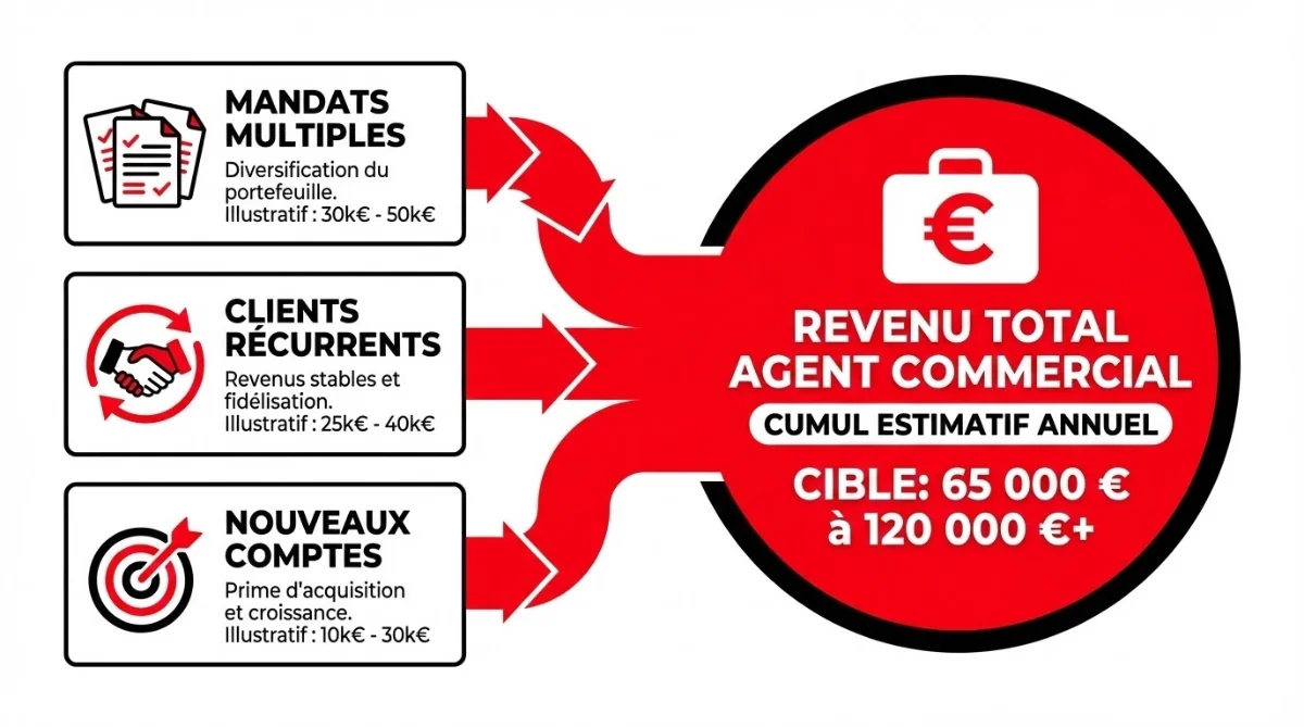[image : Schéma illustrant les différentes sources de revenus d'un agent commercial (mandats multiples, clients récurrents, nouveaux comptes), avec des flèches et des montants, style graphique explicatif]