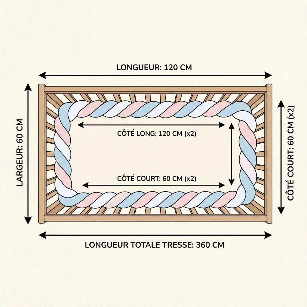 Schéma illustré montrant les dimensions d'un lit bébé 60x120cm avec indication des mesures pour une tresse de lit