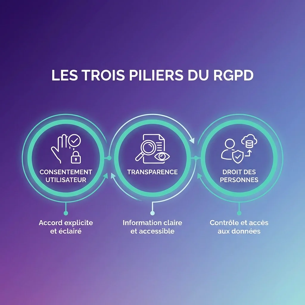 [image : Schéma infographique montrant les trois piliers du RGPD : consentement utilisateur, transparence, droit des personnes, avec icônes symboliques sur fond gradient violet et bleu]