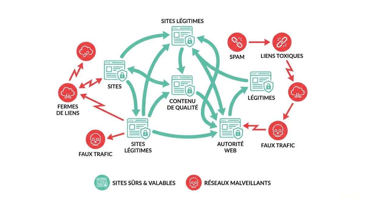 [image : Schéma représentant un réseau de sites interconnectés par des flèches, sites légitimes en vert et fermes de liens en rouge, style infographie professionnelle]