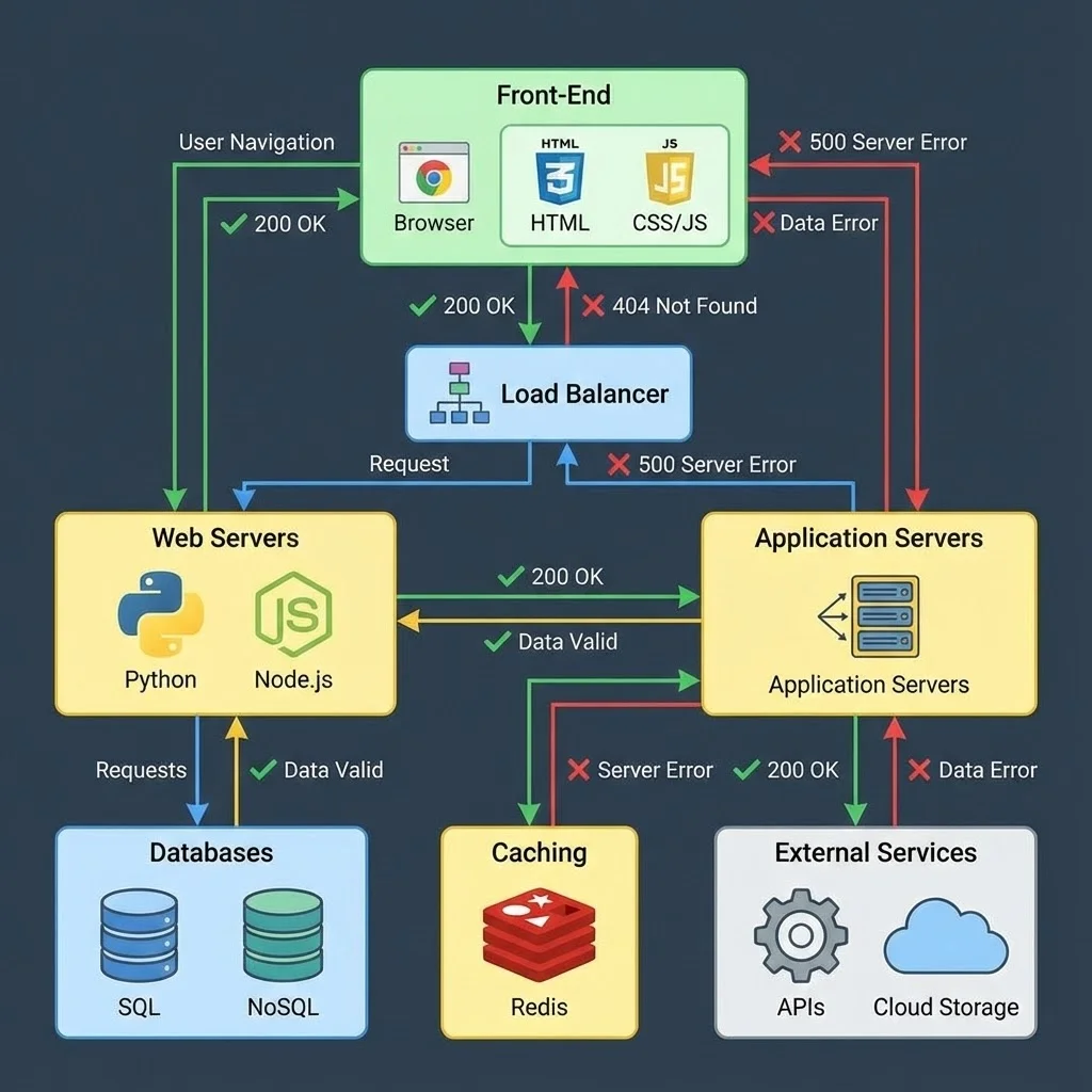[image : Schéma technique illustrant l'architecture d'un site web avec flèches de navigation, codes couleur pour les erreurs et validations, style infographique professionnel]