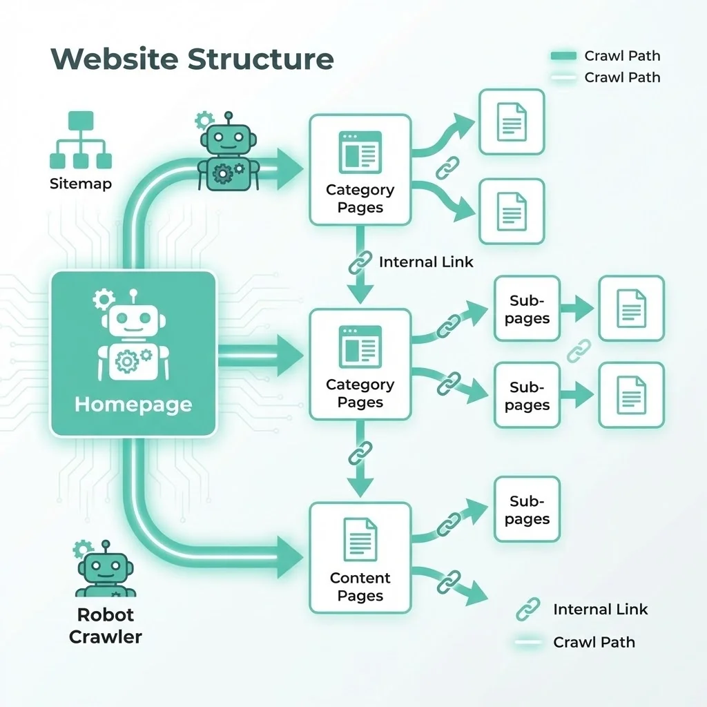 [image : Schéma technique simplifié montrant un robot qui parcourt un site web bien structuré, avec des flèches indiquant le chemin de crawl entre les pages reliées par des liens internes, style illustration technique accessible]