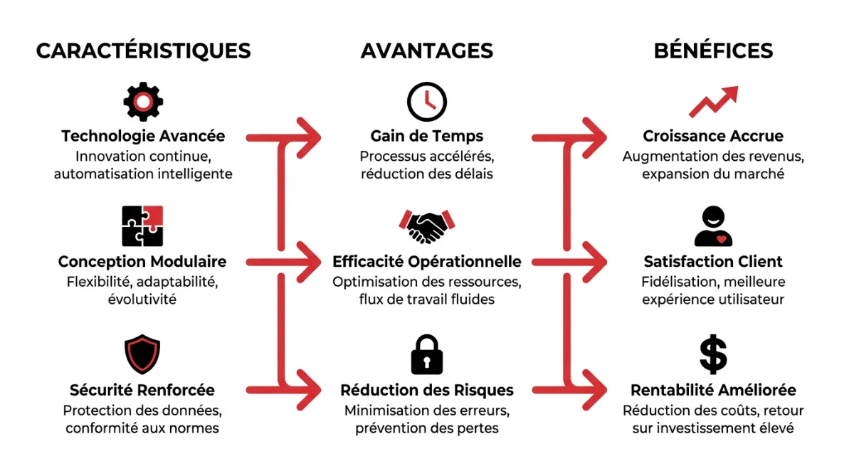 [image : Schéma visuel avec trois colonnes — Caractéristiques, Avantages, Bénéfices — reliées par des flèches, style infographie minimaliste sur fond blanc]