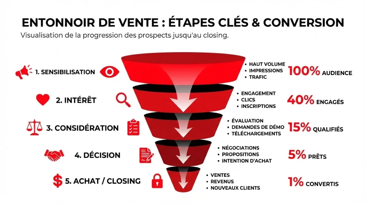 [image : Schéma visuel d'un entonnoir de vente avec les différentes étapes jusqu'au closing, design moderne bleu et vert]
