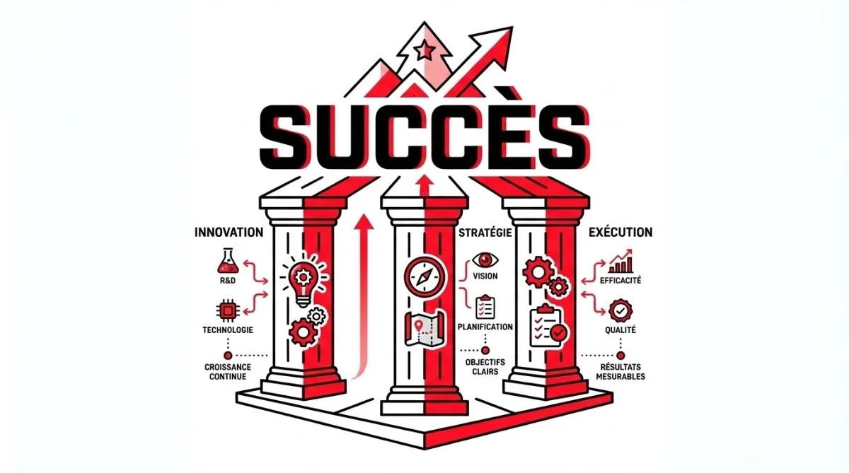[image : Schéma visuel des 3 piliers représentés par des colonnes soutenant le mot Succès, style illustration business minimaliste]