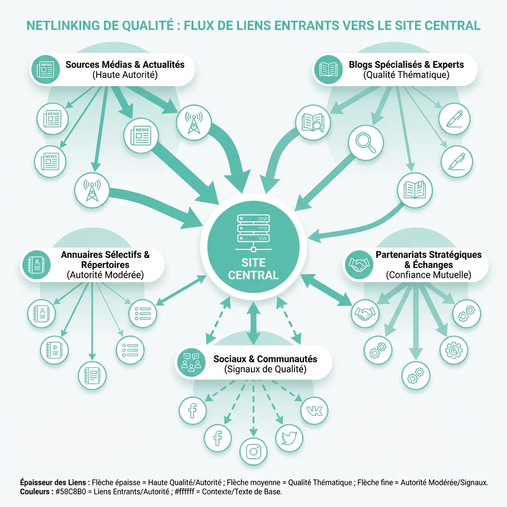[image : Schéma visuel illustrant le concept de netlinking avec un site central recevant des liens de sources variées et de bonne autorité et qualité�]