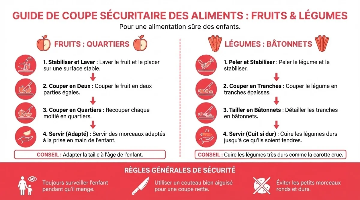 Schéma visuel montrant comment couper les aliments de façon sécuritaire - fruits en quartiers, légumes en bâtonnets, style instructif