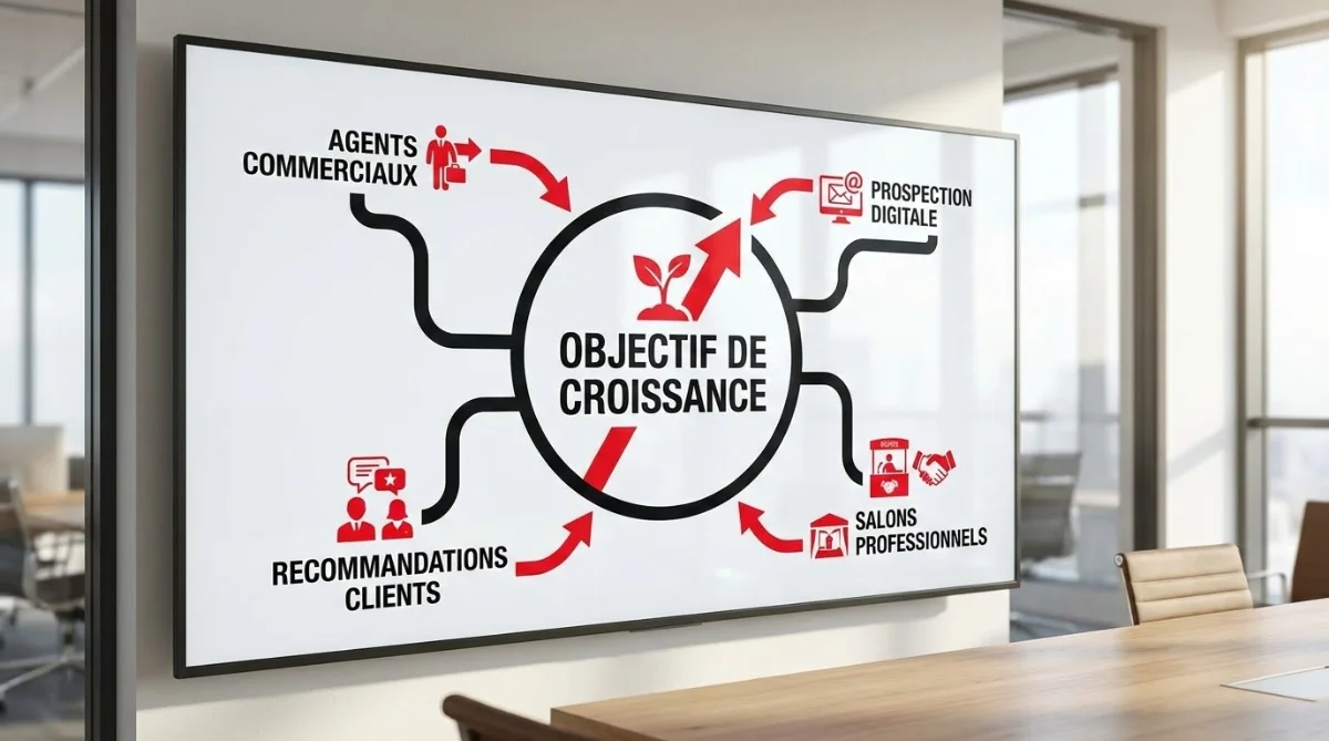 [image : Schéma visuel montrant différents canaux convergant vers un objectif de croissance - agents commerciaux, prospection digitale, recommandations clients, salons professionnels - style infographique moderne]