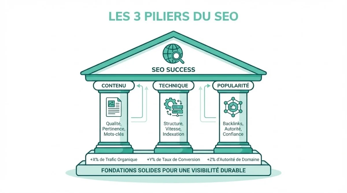 [image : Schéma visuel montrant les 3 piliers du SEO (contenu, technique, popularité) sous forme de colonnes soutenant un temple grec stylisé, design minimaliste avec icônes modernes]