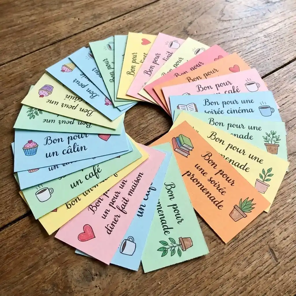 Série de petits "bons pour" colorés étalés en éventail, illustrations mignonnes, calligraphie soignée